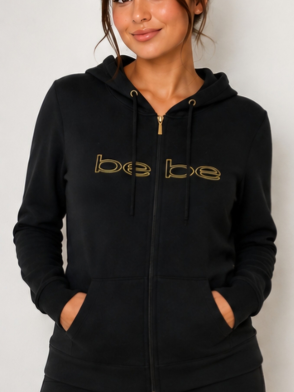 Bebe Women’s XL Black Gold Logo Full Zip Hoodie Y2K Fits like a large